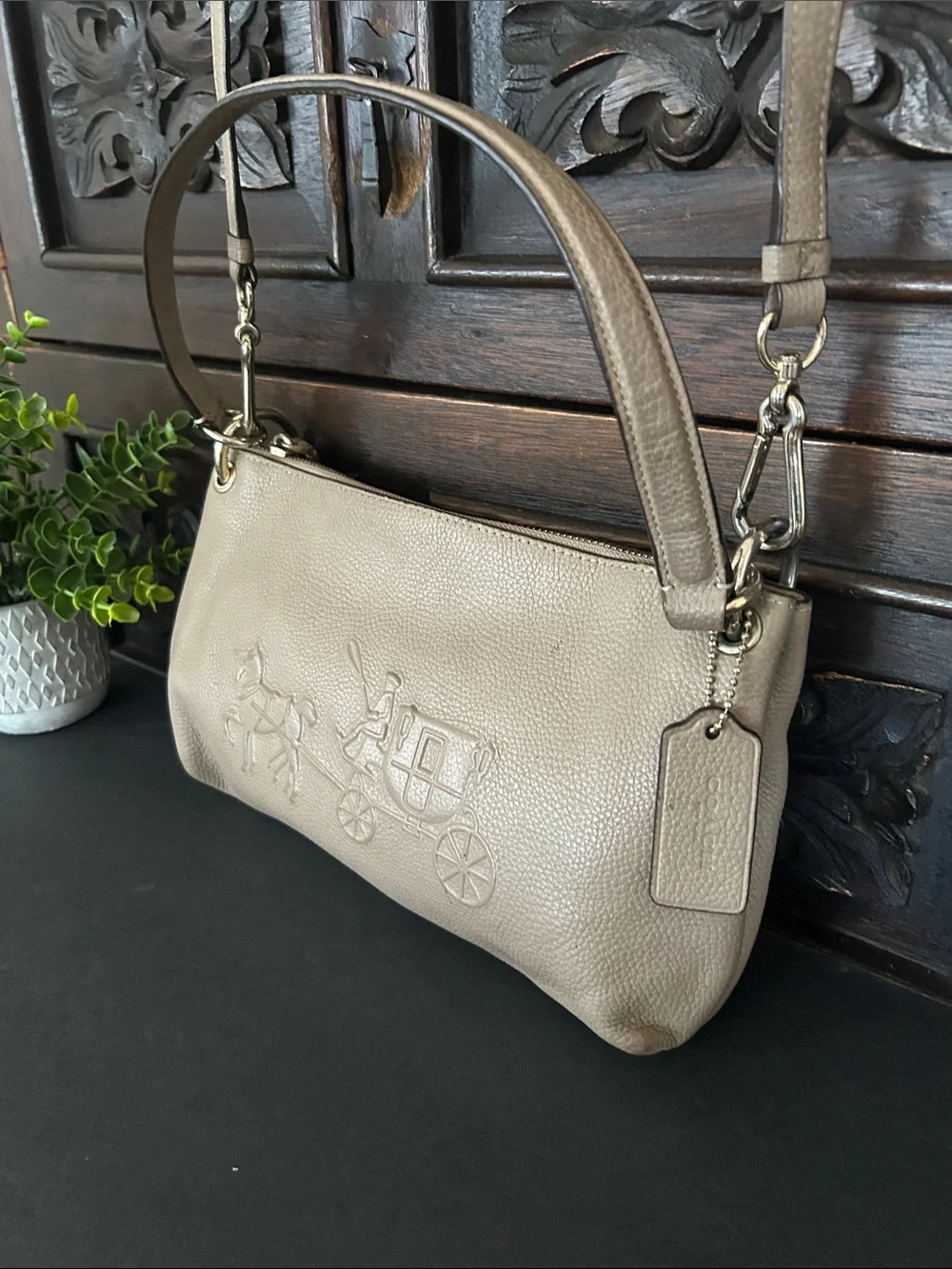 Coach Leather Crossbody Bag in Taupe with Embossed Carriage